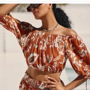 Anthropologie Off Shoulder Gauze Cotton Balloon Sleeve Cropped Top Size Large